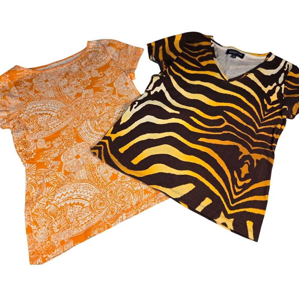Jones New‎ York T-Shirt Bundle Orange Floral Paisley & Yellow Zebra Print M PM